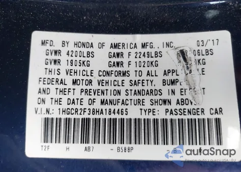 2017 Honda Accord Lx из США, поврежденный, VIN 1HGCR2F38HA184465